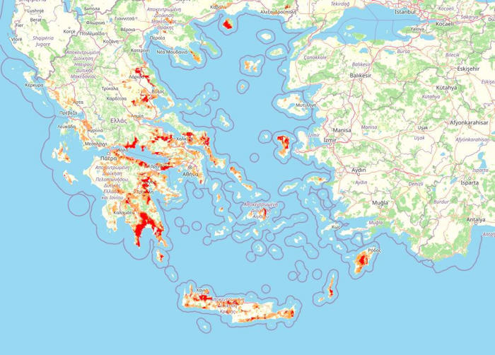 map shows 'apocalyptic' wildfires spreading across greece