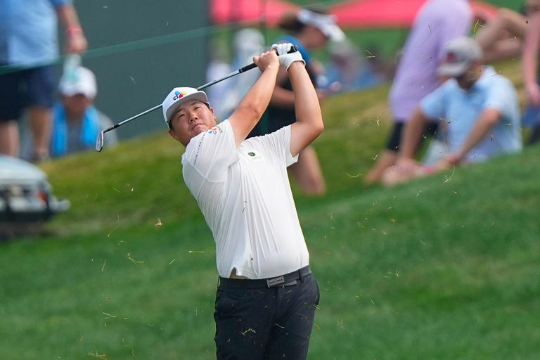 Jun 23, 2024; Cromwell, Connecticut, USA; Sungjae Im hits the ball from the eighteenth hole fairway during the final round of the Travelers Championship golf tournament at TPC River Highlands. Mandatory Credit: Gregory Fisher-USA TODAY Sports