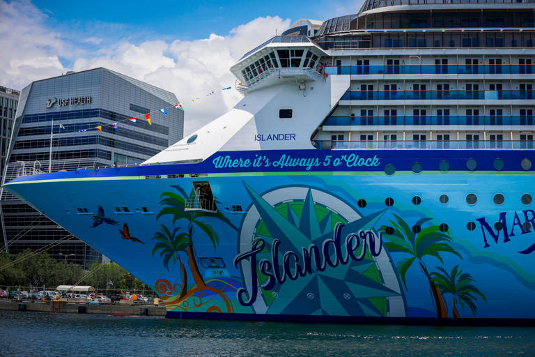 Margaritaville at Sea, The Islander is seen docked at the Port of Tampa Monday, June 10, 2024. At around 4 p.m. on July 2, the cruise ship will depart from the port after making itinerary adjustments to avoid Hurricane Beryl.