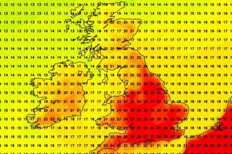 uk weather: new heatwave maps turn red showing five areas that will see 29c