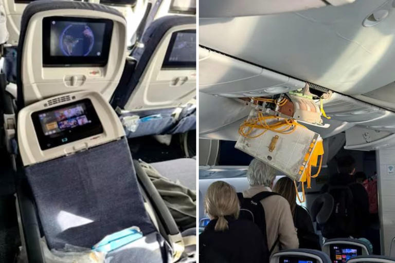 Left: Seats on the Air Europa flight show damage following severe turbulence. Right: Passengers disembark the plane with the overhead compartments visibly damaged.