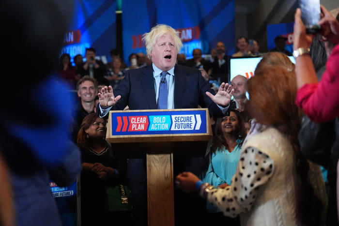 boris johnson makes surprise appearance at tory rally as he urges voters not to abandon party for reform uk