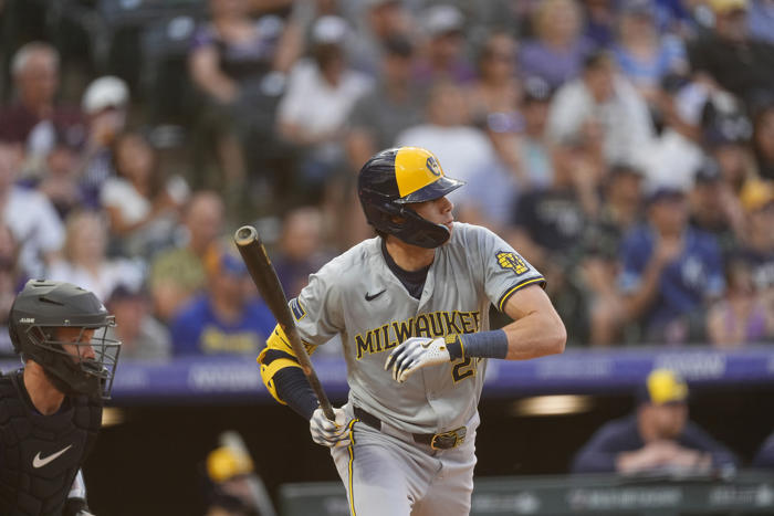 rhys hoskins hit by pitch with bases loaded in 9th inning, brewers beat rockies 4-3