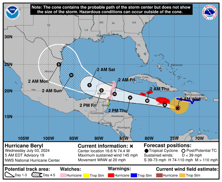 The core of Hurricane Beryl is expected to pass through Jamaica Wednesday, bringing life-threatening winds and storm surge to the island, according to the National Hurricane Center.
