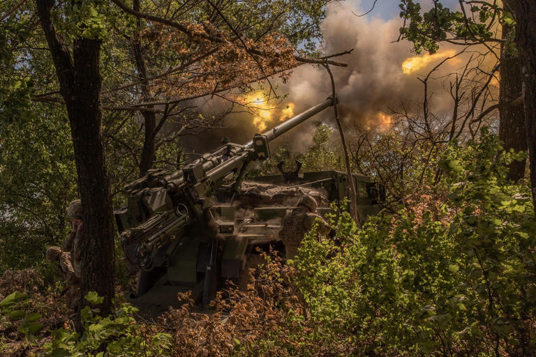 Ukrainian servicemen of the 55th Artillery Brigade "Zaporizhzhia Sich" fire a French-made CAESAR self-propelled howitzer toward Russian positions, in the Donetsk region, on June 27, 2024. Publishing updated figures, Kyiv said on Wednesday that Russia had lost 57 artillery systems in the previous 24 hours, bringing Ukraine's tally of Russia's total artillery losses close to 15,000.