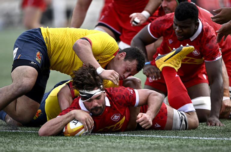 Canada's Lucas Rumball (7) scores a try during the second half of men's 15s international rugby action against Spain in Ottawa, on Sunday, July 10, 2022. Flanker Rumball will lead a Canada team drawn almost entirely from Major League Rugby sides on Saturday against sixth-ranked Scotland.THE CANADIAN PRESS/Justin Tang