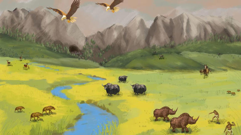 An artist's impression of the Stone Age landscape of Ganjia Basin where Baishiya Karst Cave is located, depicting some of the animals which were identified by archaeologists via bone analysis. - Xia Li