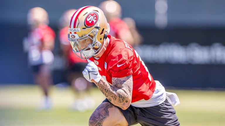 May 10, 2024; Santa Clara, CA, USA; San Francisco 49ers wide receiver Ricky Pearsall (14) runs drills during the 49ers rookie minicamp at Levi’s Stadium in Santa Clara, CA. Mandatory Credit: Robert Kupbens-USA TODAY Sports | Robert Kupbens-USA TODAY Sports