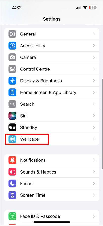 Wallpaper option in the Settings app.