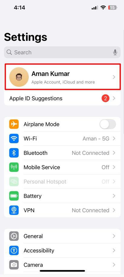 Apple ID in iPhone Settings.