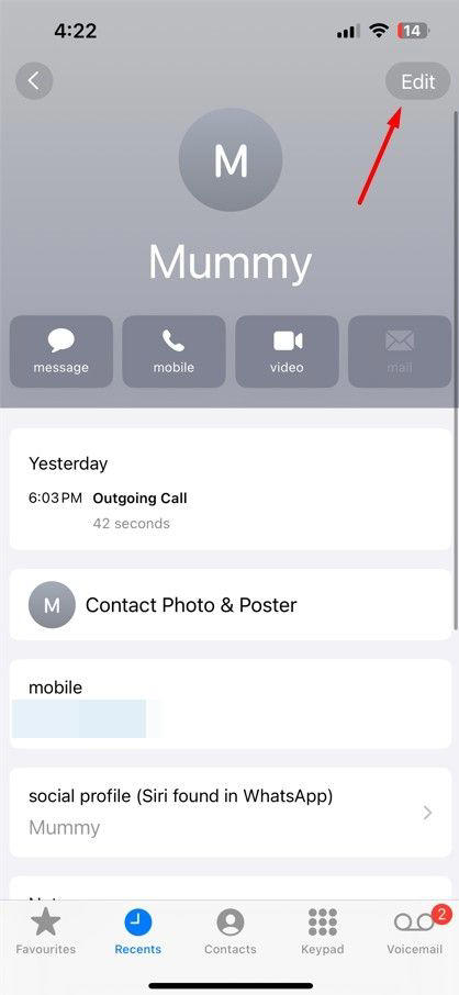 Edit option in the iPhone Contacts app.