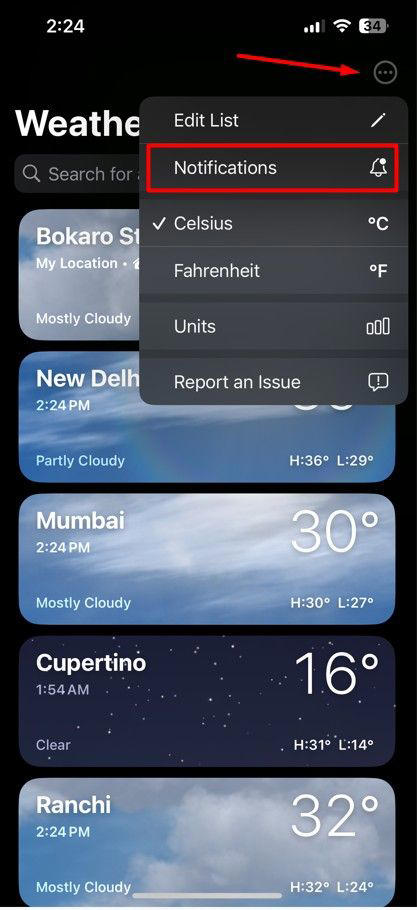 Notification option in the Weather app.