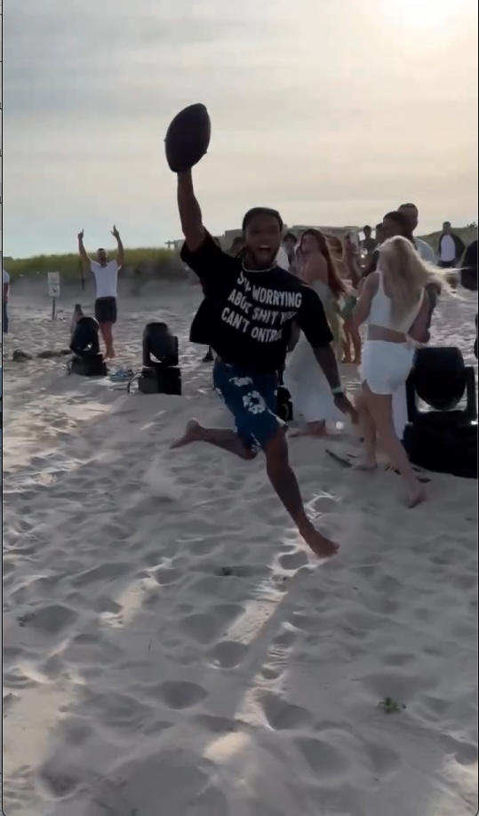 Tom Brady intercepted by Damar Hamlin in pre-white party beach game loss