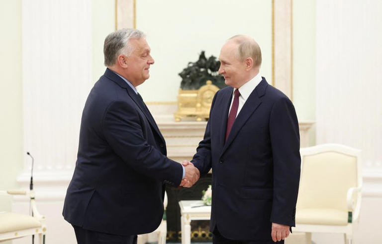 Russia's President Vladimir Putin shakes hands with Hungary's Prime Minister Viktor Orban during a meeting at the Kremlin in Moscow, Russia July 5, 2024. Sputnik/Valeriy Sharifulin/Pool via REUTERS
