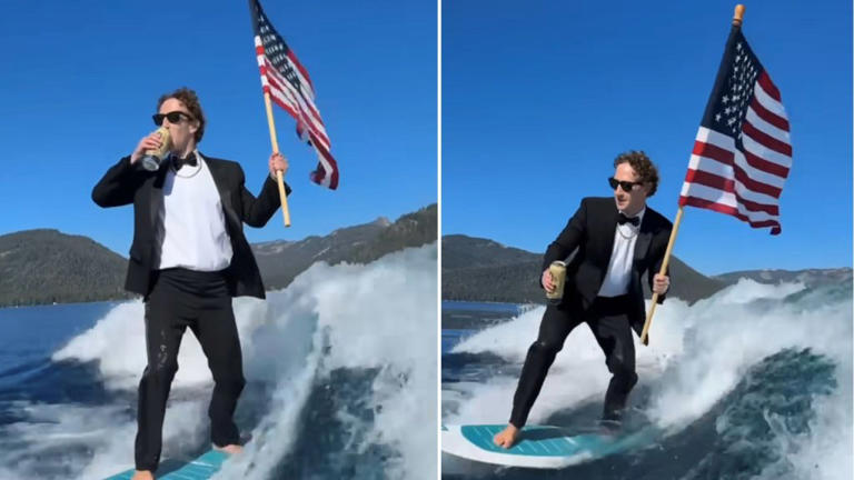 Mark Zuckerberg celebrated the Fourth of July with a video of himself surfing in a tux, drinking beer and carrying an American flag.
