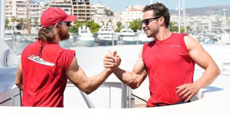 Iain Maclean and Joe Bradley from Below Deck Med season 9 embracing with a handshake