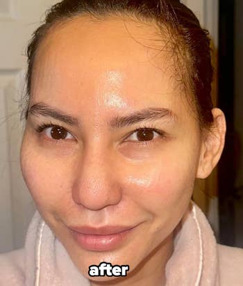 the reviewer after taking the mask off with glowing skin