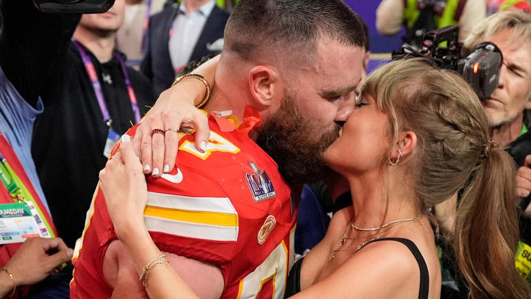 FILE - Kansas City Chiefs tight end Travis Kelce (87) kisses Taylor Swift after the NFL Super Bowl 58 football game against the San Francisco 49ers, Sunday, Feb. 11, 2024, in Las Vegas. The Chiefs won 25-22. The Chiefs and Hallmark have teamed up for "Holiday Touchdown: A Chiefs Love Story" which is set to premiere during Hallmark's 15th annual Countdown to Christmas.