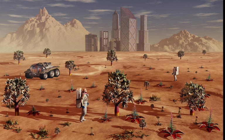 An artist's illustration of what a terraformed Martian landscape might look like.