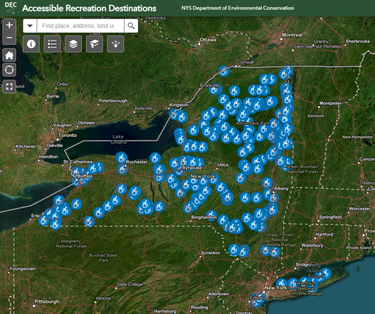 The New York State Department of Environmental Conservation has created an Accessible Recreation Destinations Map for over 200 ADA accessible education centers, campgrounds and day use areas, waterway access sites and land areas statewide.