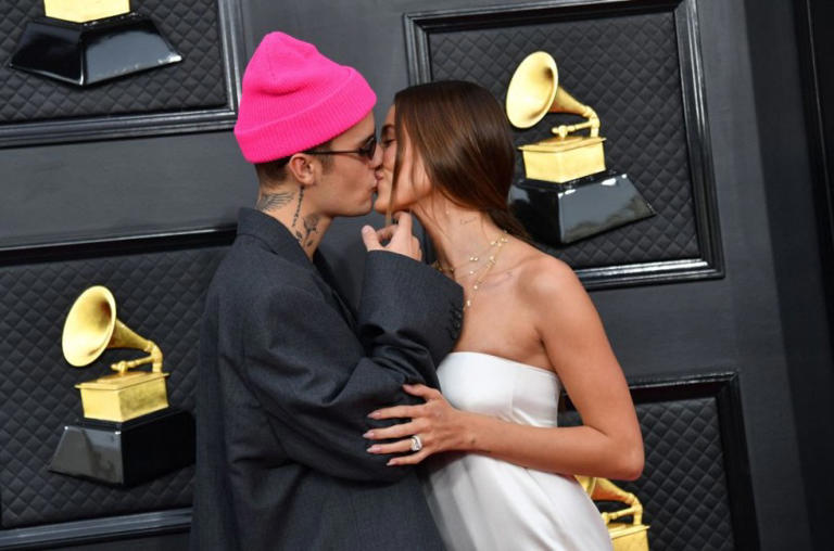 Justin Bieber and Hailey Bieber arrive for the 64th Annual Grammy Awards at the MGM Grand Garden Arena on April 3, 2022. (Photo : ANGELA WEISS/AFP via Getty Images)