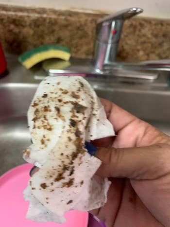 The reviewer showing all the gunk that came out of her dirty washing machine