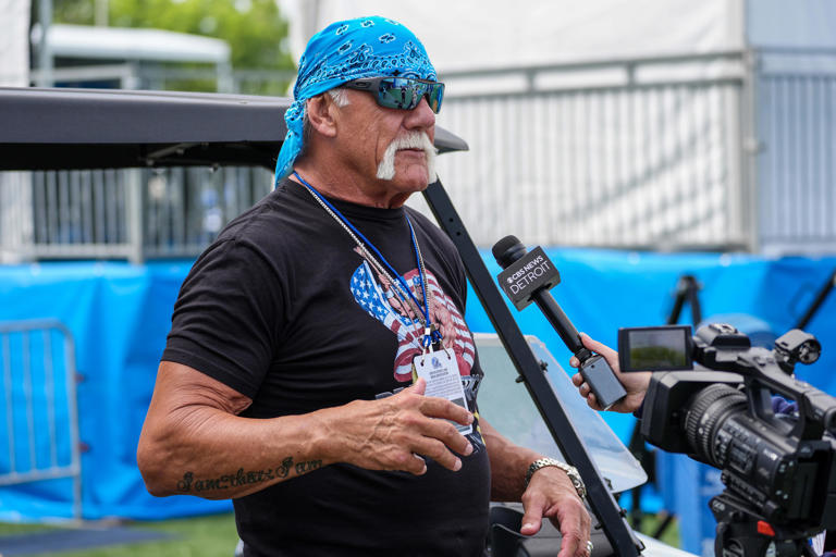 Former wrestler Hulk Hogan talks to the media during Day 2 of Detroit Lions training camp in Allen Park on Thursday, July 25, 2024.