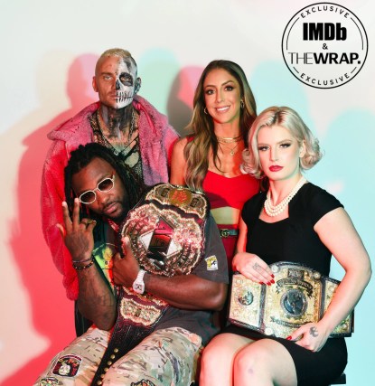 <p>(L-R) Swerve Strickland, Darby Allin, Britt Baker and Toni Storm pose in the IMDboat Exclusive Portrait Studio at San Diego Comic-Con 2024 at The IMDb Yacht on July 25, 2024.</p>