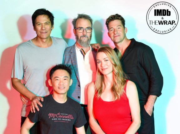 <p>(L-R) Chaske Spencer, James Wan, Ian McCulloch, Yvonne Strahovski and Scott Speedman pose in the IMDboat Exclusive Portrait Studio at San Diego Comic-Con 2024 at The IMDb Yacht on July 25, 2024. </p>