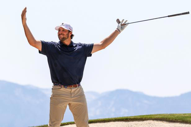 STATELINE, NEVADA - JULY 12: NFL football player Josh Allen reacts after a shot from the bunker on the 17th hole on day one of the 2024 American Century Championship at Edgewood Tahoe Golf Course on July 12, 2024 in Stateline, Nevada. (Photo by Isaiah Vazquez/Getty Images)