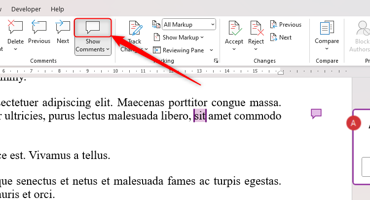 A Word document with the top half of the Show Comments button selected.
