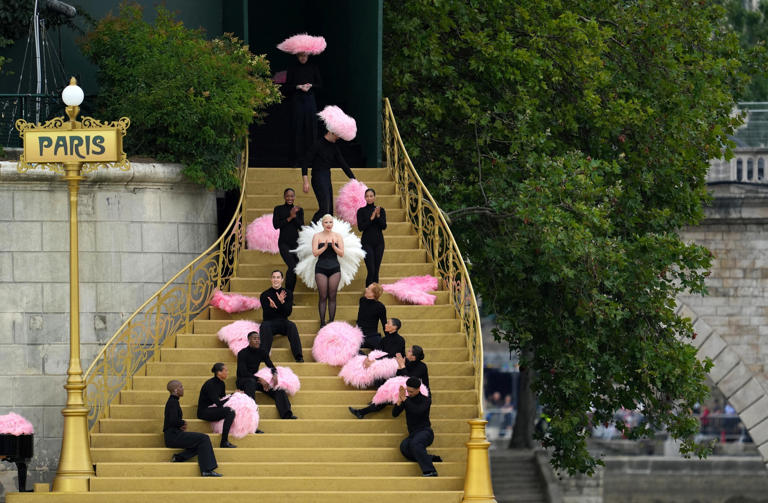 Lady Gaga and performers are seen ahead of the opening ceremony for the 2024 Paris Olympics.