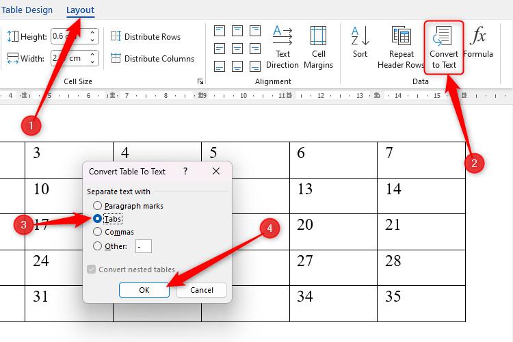 A Word table with the Convert To Text and Tabs options selected.