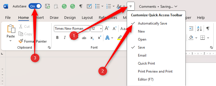 A Word document with the AutoSave icon highlighted, and the Automatically Save option in the Customize QAT drop-down menu selected.