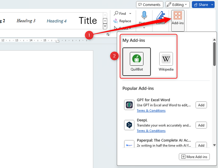 The 'Add-ins' pane containing two add-ins installed to Office.