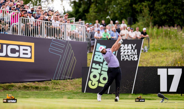 Jon Rahm, first round leader at LIV Golf UK at JCB Golf & Country Club in action in front of a sell-out crowd. - Supplied photo