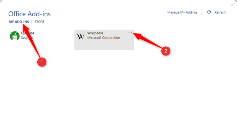 'Office Add-ins' window, highlighting the 'My Add-ins' tab and the three dots to click to remove the add-in.
