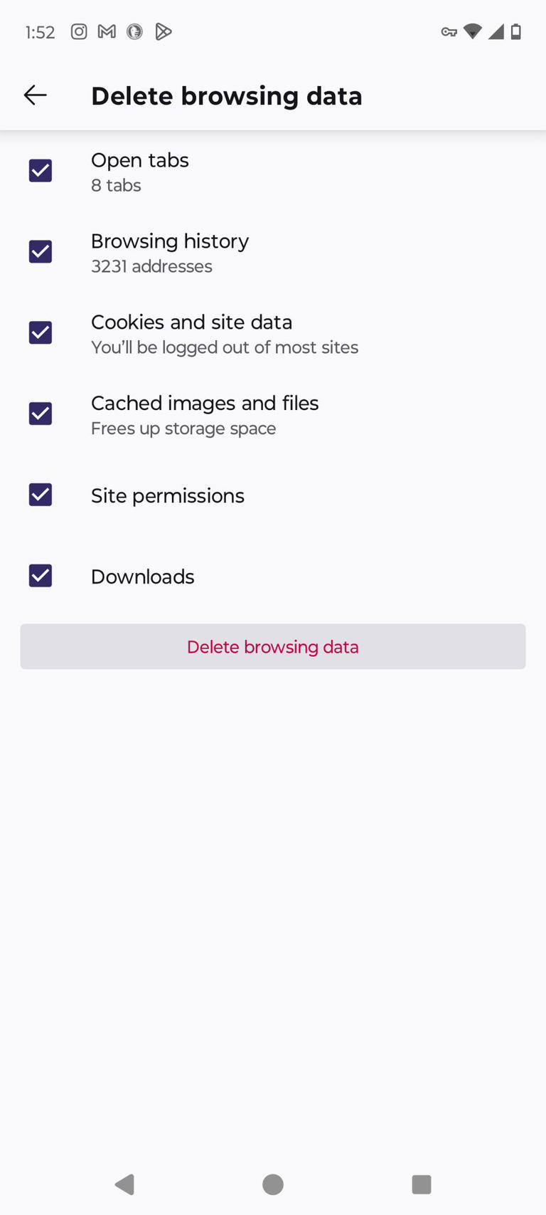 The "Delete browsing data" menu in Mozilla Firefox on Android. Screenshot by Mike Sorrentino/CNET