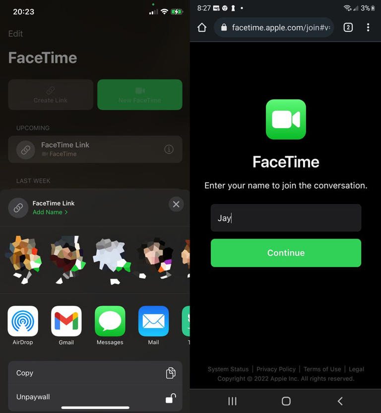 First, you must create the FaceTime link on an Apple device (left) and then you can share it with an Android user, which they can then open in their web browser (right). Screenshots by Nelson Aguilar/CNET