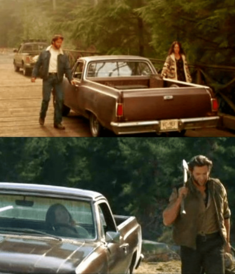 Wolverine and Kayla Silverfox next to the Chevrolet El Camino.