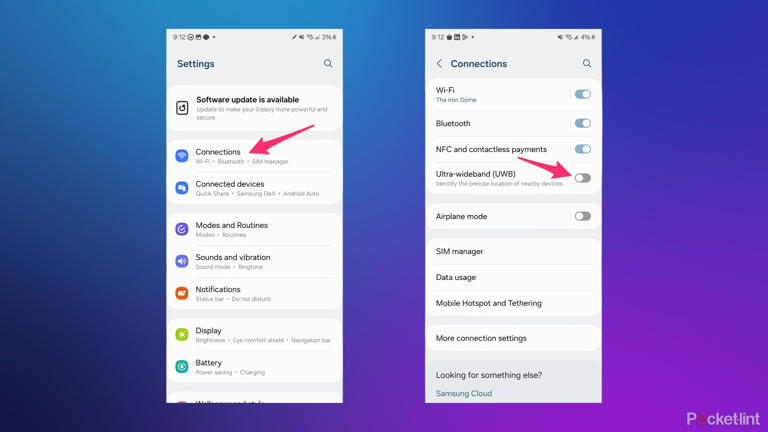 Two screenshots from a Samsung phone on how to enable UWB