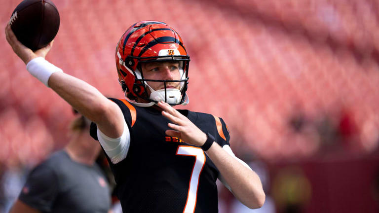 Cincinnati Bengals quarterback Reid Sinnett (7) warms up before the NFL preseason week 3 game between the Cincinnati Bengals and the Washington Commanders at FedEx Field in Landover, M.D., on Saturday, Aug. 26, 2023. | Albert Cesare/The Enquirer / USA TODAY