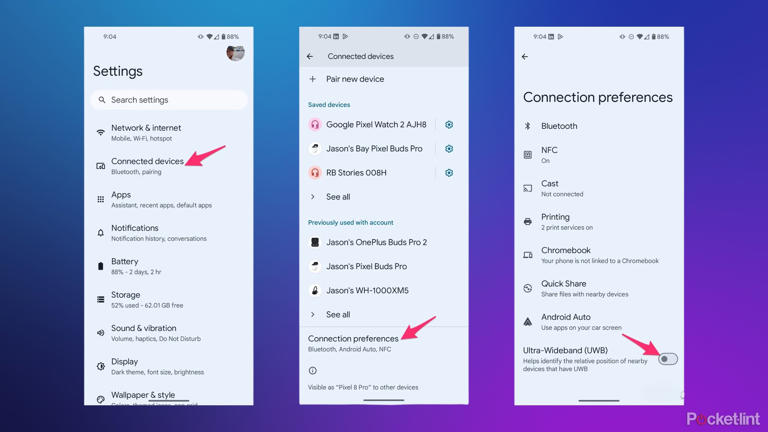 Three screenshots form an Android showing how to enable UWB