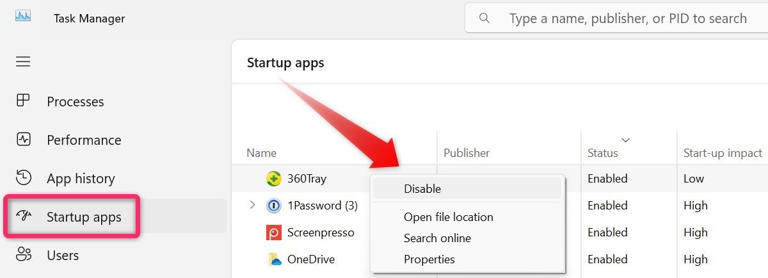 Disabling startup apps from Task Manager.