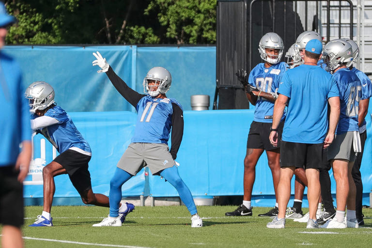 Detroit Lions wide receiver Kalif Raymond warms up during training camp at the Detroit Lions Headquarters and Training Facility in Allen Park on Sunday, July 23, 2023.