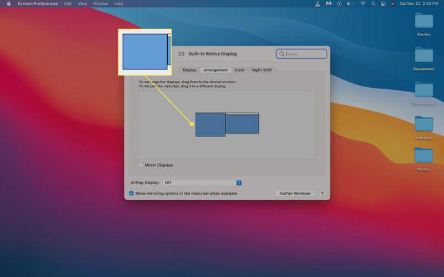 A repositioned monitor in the macOS display settings.