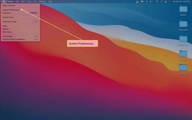 System Preferences highlighted in the Apple menu.