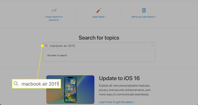 Searching the Support page for a specific model and year of Mac