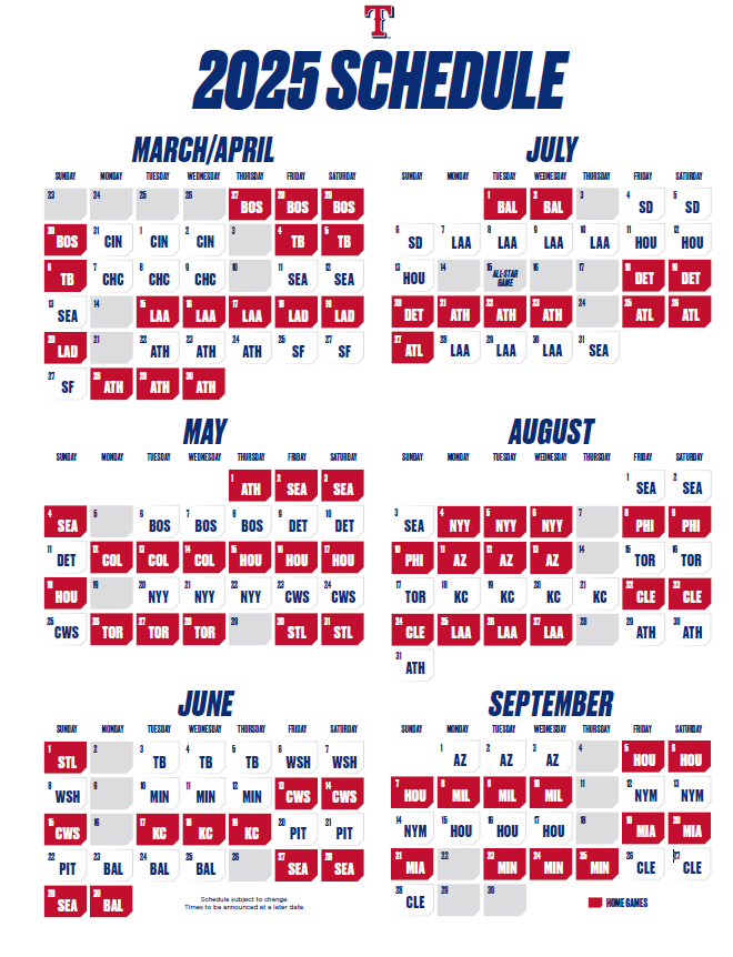 Texas Rangers announce 2025 regular season schedule