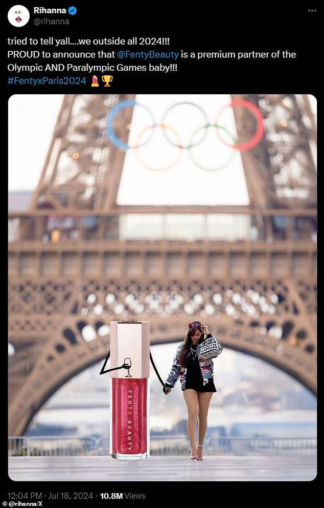 Rihanna posted a humorous photoshopped image to X (formerly Twitter) on Thursday to announce her cosmetics brand Fenty Beauty had inked a deal with the Olympic and Paralympic Games